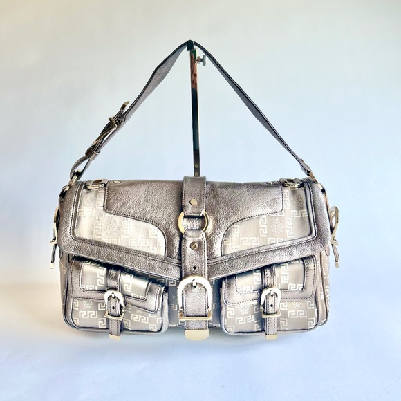 Versace Silver Leather Canvas Handbag Shoulder Bag - Picture 2 of 16
